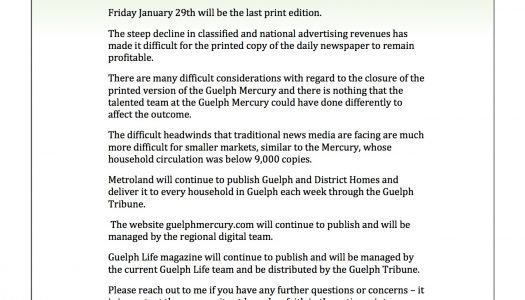 Memo: Metroland Media no longer publishing print edition of Guelph Mercury