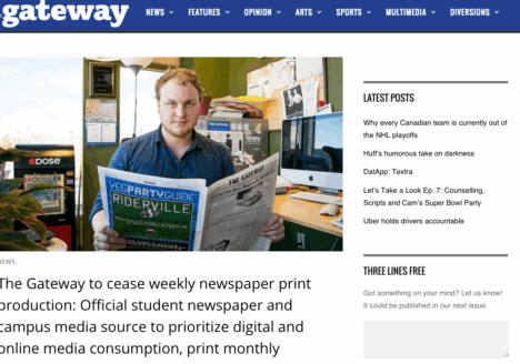 On Feb. 3, the Gateway announced it would discontinue its print issue, replacing it with expansive digital coverage and a monthly magazine. Screenshot by J-Source.