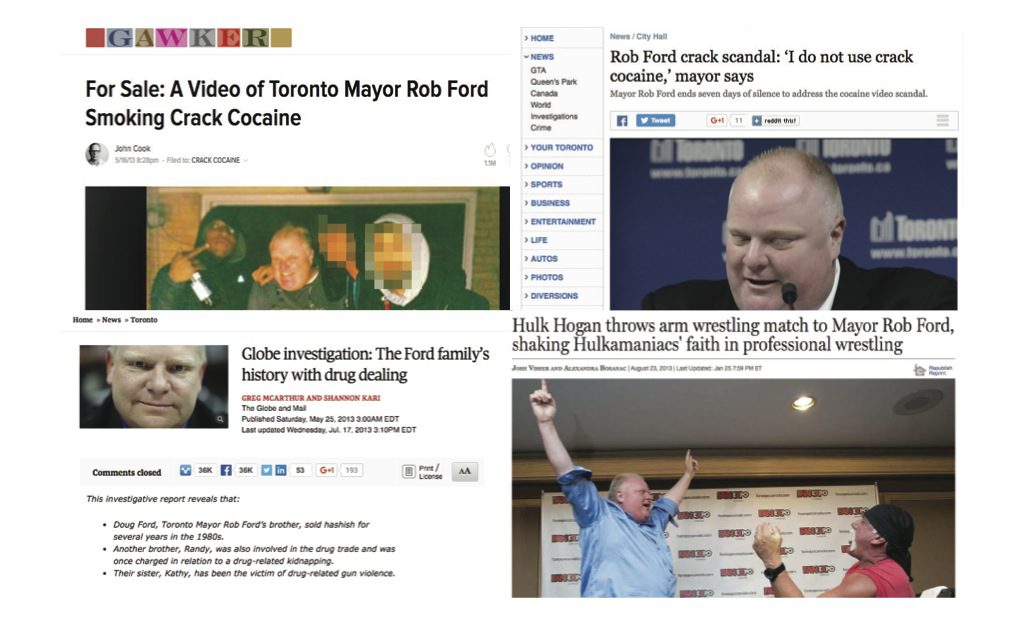From top left: The Gawker story that broke news of the existence of a video showing Rob Ford allegedly smoking crack-cocaine; The Toronto Star's coverage of his first press conference after the story broke; The Globe and Mail's investigative report into the Ford family's drug dealings; The National Post covers Ford's triumphant arm wrestling victory over Hulk Hogan. Image by J-Source.