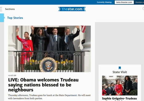 The beta version of the new thestar.com, which users can provide feedback on. Screenshot by J-Source.