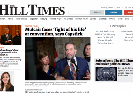 The Hill Times will absorb Embassy and produce two weekly print editions. Screenshot by J-Source.