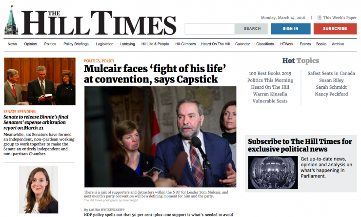 The Hill Times will absorb Embassy and produce two weekly print editions. Screenshot by J-Source.