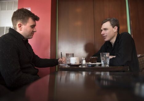 Josh O’Kane interviews Joel Plaskett for his new book Nowhere With You: The East Coast Anthems of Joel Plaskett, The Emergency and Thrush Hermit. Photo courtesy Fred Lum.