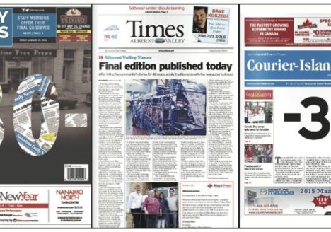 Three of the newspapers Black Press has closed: The Nainamo Daily News, The Alberni Valley Times and the Campbell River Courier-Islander. Image by J-Source.