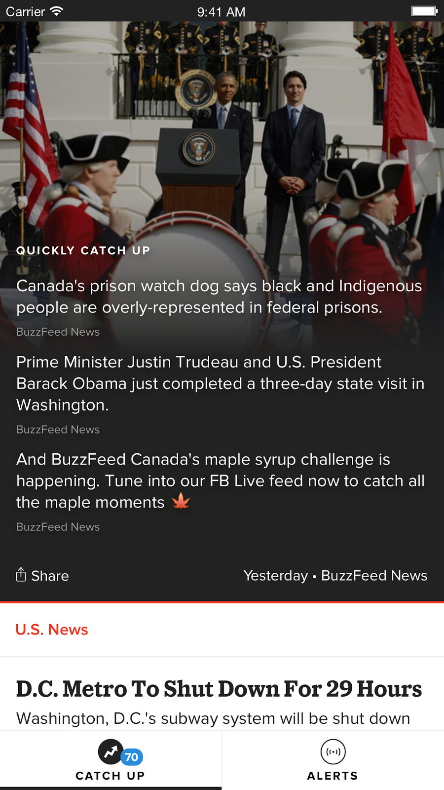 The BuzzFeed news app, which users can customize with notifications from Canada. Photo courtesy of BuzzFeed.