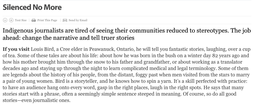 Erin Sylvester's feature explores the work that Indigenous journalists are doing and how newsrooms in Canada can do a better job of including Indigenous voices. Screenshot by J-Source.