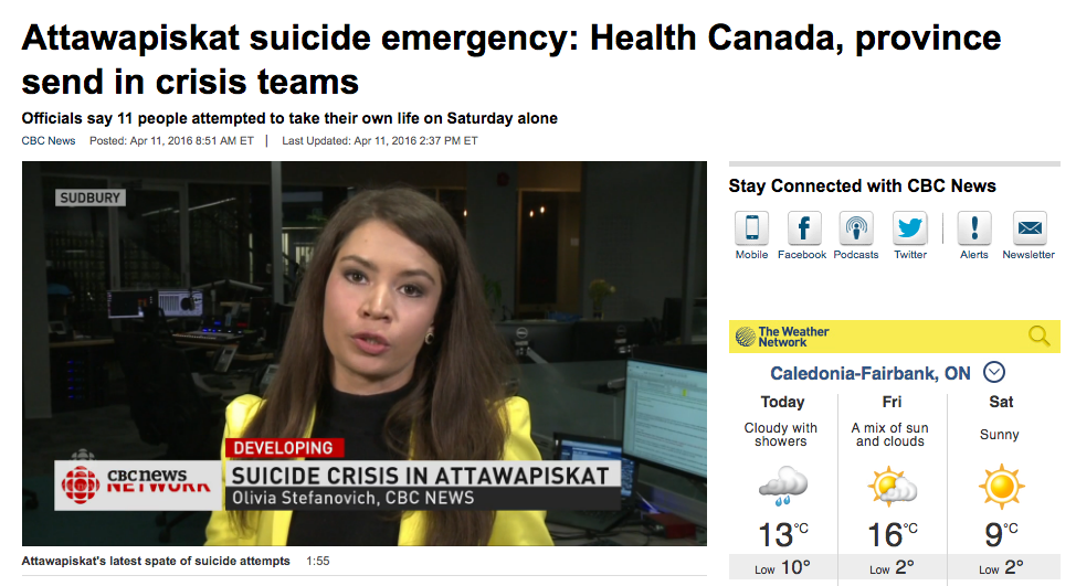 CBC’s Olivia Stefanovich reported for three days from Attawapiskat amid an unfolding suicide crisis. Screenshot by J-Source.