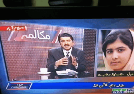 Israr Kasana interviews Nobel Prize winner Malala Yousufzai for his TV show in 2015. Photo courtesy Israr Kasana.