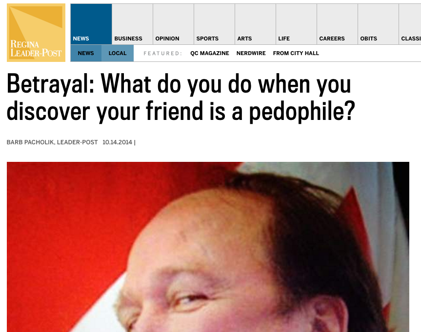 Barb Pacholik, a senior reporter at the Regina Leader-Post, tackled a difficult subject in her piece “Betrayal: What do you do when you discover your friend is a pedophile?” Screenshot by J-Source.
