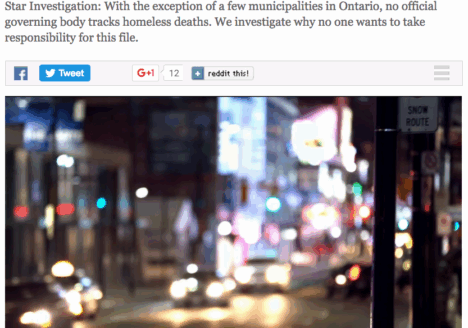 This Toronto Star story by Mary Ormsby and Kenyon Wallace led Toronto city council to direct staff to start collecting data on homeless deaths. Screenshot by J-Source.