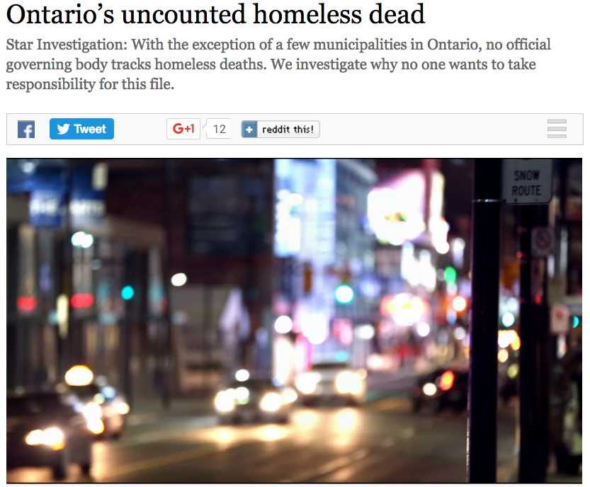 This Toronto Star story by Mary Ormsby and Kenyon Wallace led Toronto city council to direct staff to start collecting data on homeless deaths. Screenshot by J-Source.