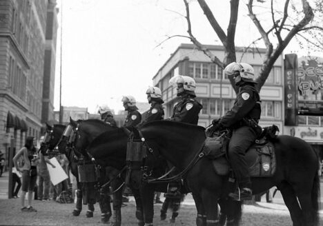 The Montreal Police cavalry unit during a protest in 2012. Photo courtesy Gerry Lauzon/CC 2.0 Generic.