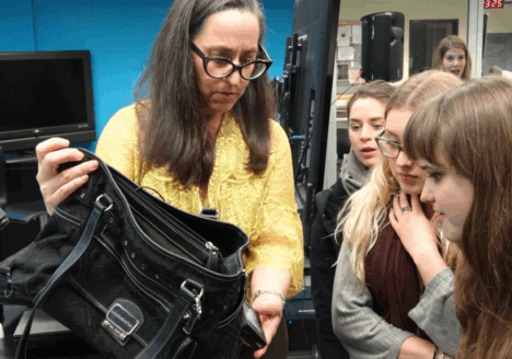 Laurie Few from Global's 16x9 gives students a demonstration on hidden camera techniques.