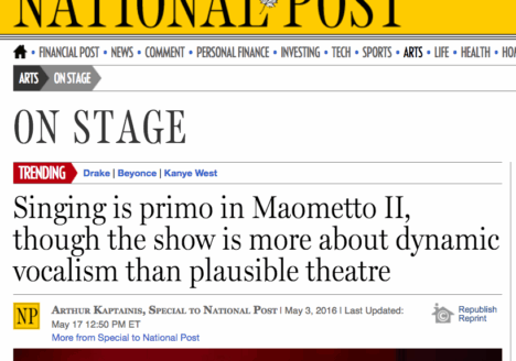 On May 17, an edited version of this opera review by Arthur Kaptainis reappeared on the National Post website after being removed in early May. Screenshot by J-Source.