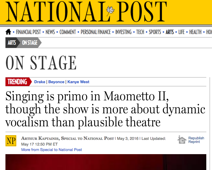 On May 17, an edited version of this opera review by Arthur Kaptainis reappeared on the National Post website after being removed in early May. Screenshot by J-Source.
