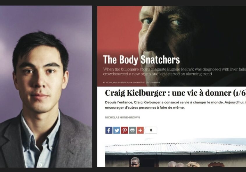 Nicholas Hune-Brown, left, and two of his NMA nominated pieces. Headshot courtesy Nicholas Hune-Brown, screenshots by J-Source.