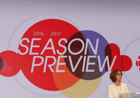 Bonnie Brownlee, executive director of communications, marketing, brand and research, speaks at the CBC upfronts on May 26 at the CBC building in Toronto. Photo courtesy Steph Wechsler.