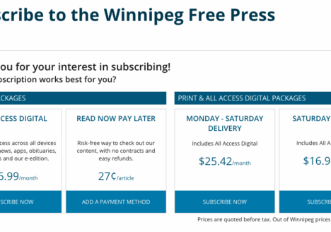 The Winnipeg Free Press website uses a micropayment system unique in Canada. Screenshot by J-Source.