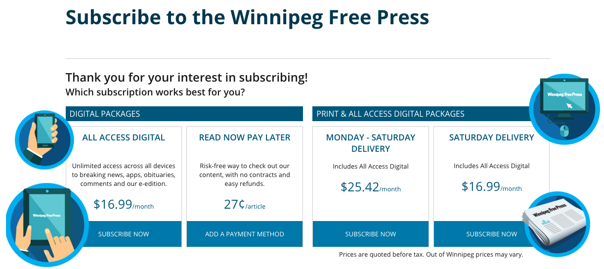 The Winnipeg Free Press website uses a micropayment system unique in Canada. Screenshot by J-Source.