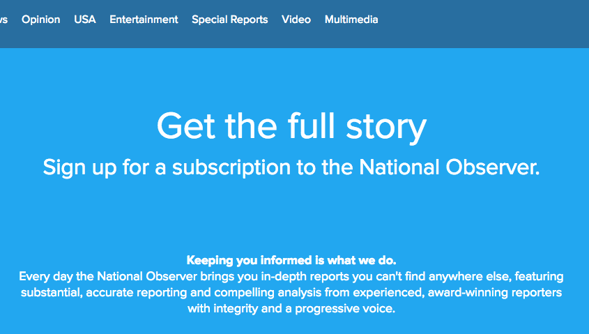 The subscription page for the National Observer. Screenshot by J-Source.