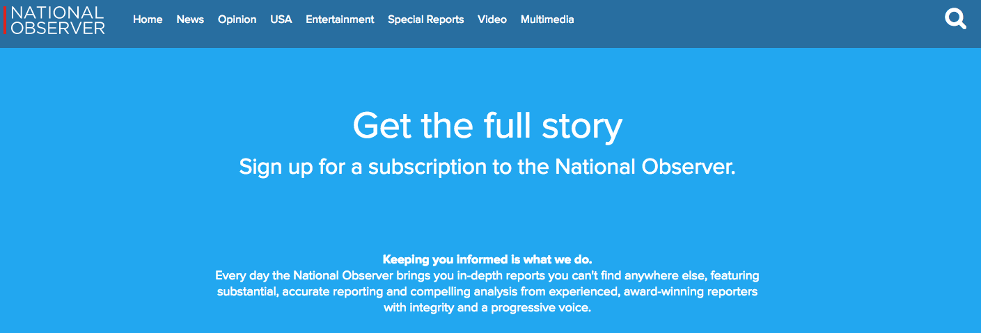 The subscription page for the National Observer. Screenshot by J-Source.