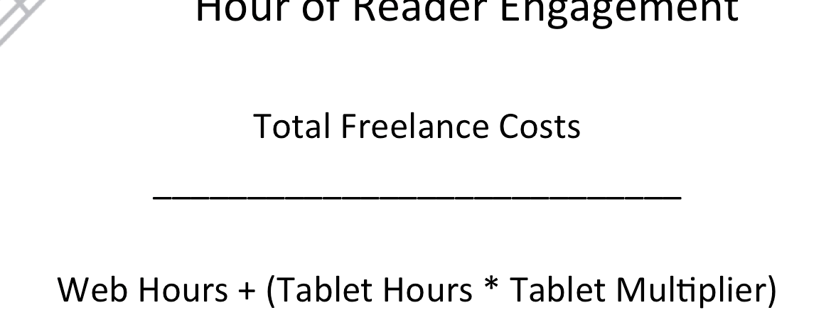 Toronto Life publlisher Ken Hunt's formula for measuring how long readers are engaging with both the web and tablet editions of Toronto Life compared to the freelance cost for a single story, to determine the cost per hour of reader engagement. Image courtesy Ken Hunt.
