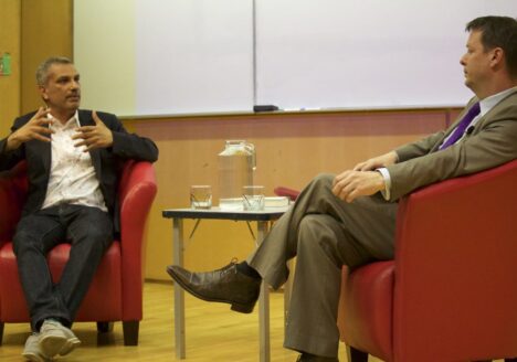 Author and Ryerson School of Journalism professor Kamal Al-Solaylee discusses his latest book with The Globe and Mail’s Doug Saunders. Photo courtesy Allison Ridgway.