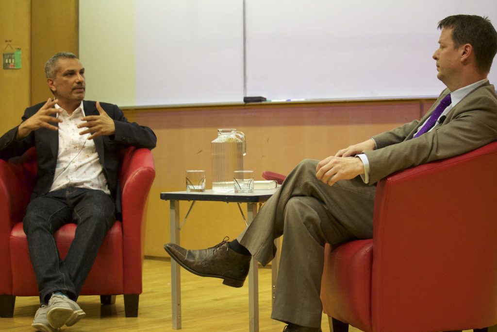 Author and Ryerson School of Journalism professor Kamal Al-Solaylee discusses his latest book with The Globe and Mail’s Doug Saunders. Photo courtesy Allison Ridgway.