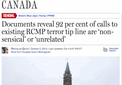 National Post reporter Douglas Quan's story was published just before the federal election and three days after the then federal government proposed the creation of a ‘Barbaric Cultural Practices’ tip line. Screenshot by J-Source.