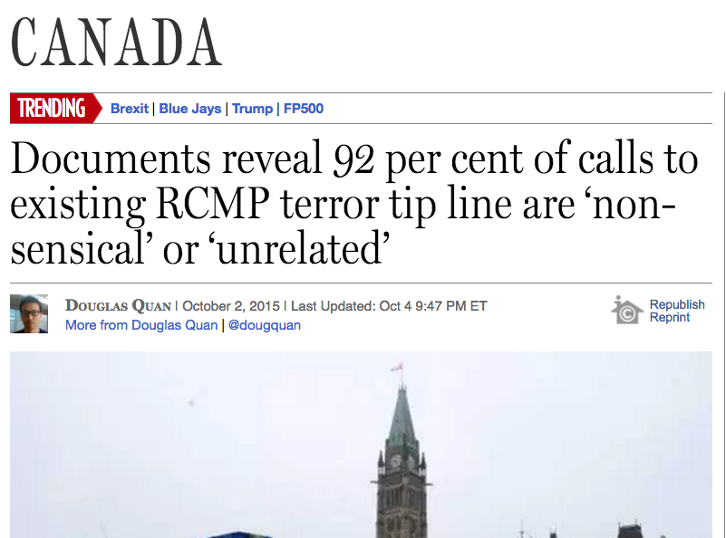 National Post reporter Douglas Quan's story was published just before the federal election and three days after the then federal government proposed the creation of a ‘Barbaric Cultural Practices’ tip line. Screenshot by J-Source.