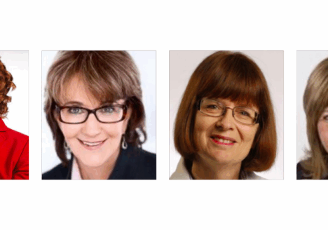 Canada's English-language ombuds and public editors. From left: Esther Enkin, ombudsman for the CBC; Patricia Graham, ombudswoman for Brunswick News; Sylvia Stead, public editor for The Globe and Mail; Kathy English, public editor for the Toronto Star. Images courtesy the CBC, Patricia Graham, Sylvia Stead and Kathy English.