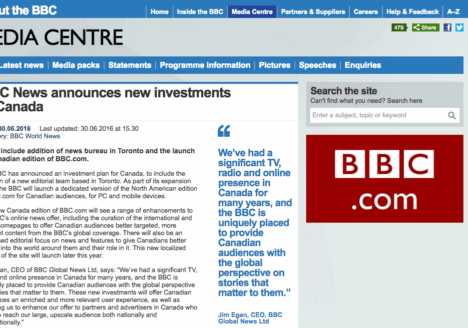 The BBC's announcement that they would be expanding in Canada. Screenshot by J-Source.