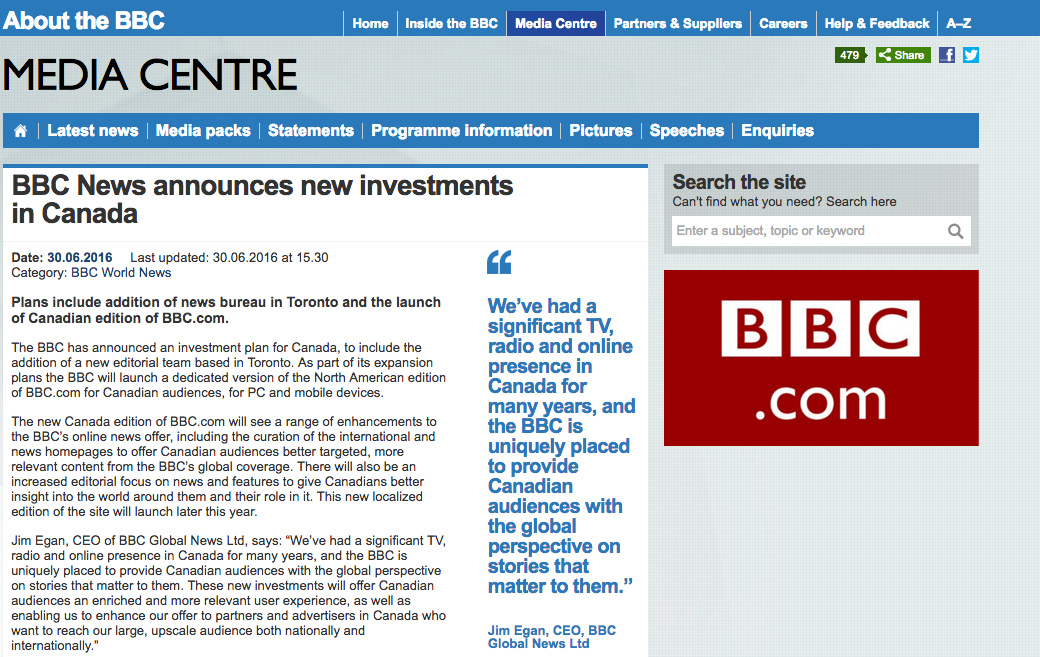 The BBC's announcement that they would be expanding in Canada. Screenshot by J-Source.
