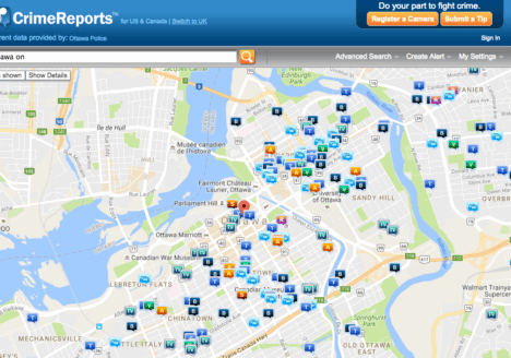 A crime map from the Ottawa Police Service. Screenshot by J-Source.
