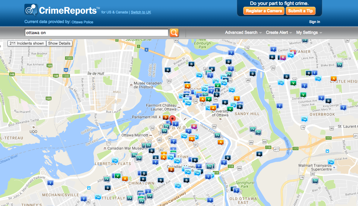A crime map from the Ottawa Police Service. Screenshot by J-Source.