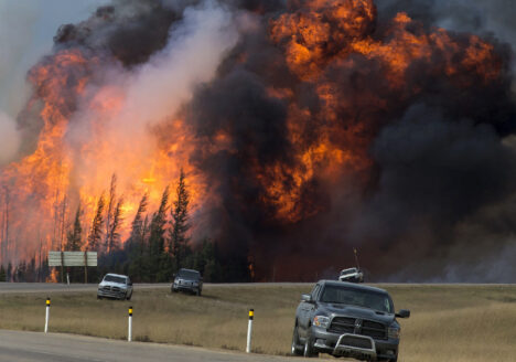 A raging wildfire consumes the forest next to Highway 63 twenty four kilometres south of Fort McMurray in May 2016. Photo courtesy Chris Schwarz/Government of Alberta.