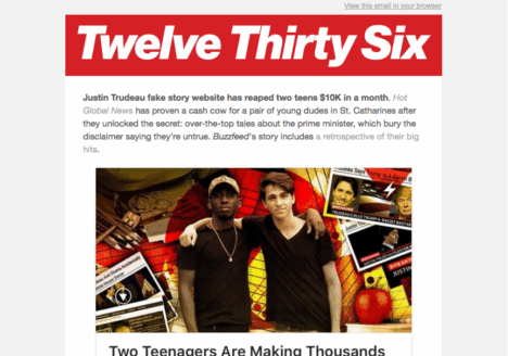 12:36, a daily Toronto based lunchtime tabloid, has an average 52 percent open rate. Screenshot by J-Source.