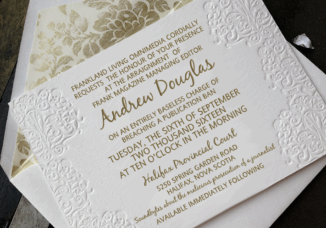 An invitation from Halifax’s Frank to Andrew Douglas’ hearing for breaching a publication ban in July. Image courtesy Andrew Douglas.