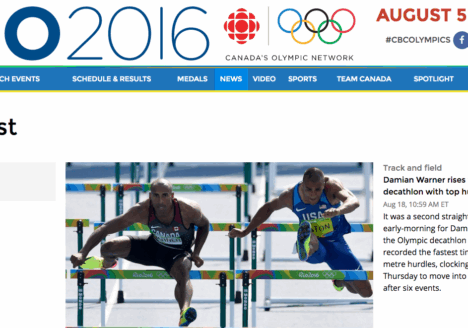 The CBC’s Olympic website, featuring reporting by the CBC News team. Screenshot by J-Source.