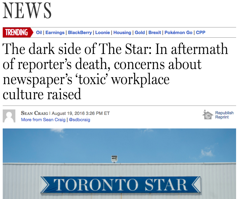 Sean Craig’s Aug. 19 story about the newsroom culture at the Toronto Star. Screenshot by J-Source.