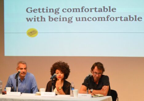Kamal Al-Solaylee, Angelyn Francis and Jim Rankin discuss how reporters can get comfortable while covering controversial stories at an RJRC panel. Photo courtesy Madeleine Binning.