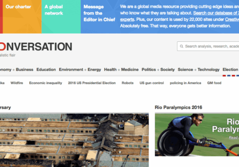 The Conversation, a journalism site about academic work, will open a Canadian outpost based at UBC with funds from a government grant. Screenshot by J-Source.