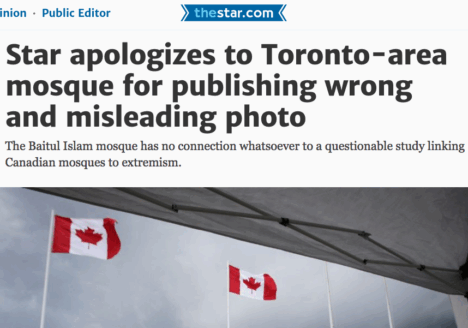 The Toronto Star’s public editor Kathy English issued an apology for the erroneous placement of a picture of a Toronto mosque accompanying a Canadian Press story. Screenshot by J-Source.