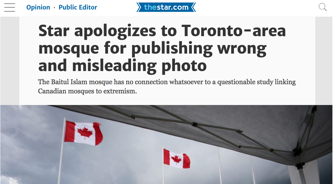 The Toronto Star’s public editor Kathy English issued an apology for the erroneous placement of a picture of a Toronto mosque accompanying a Canadian Press story. Screenshot by J-Source.