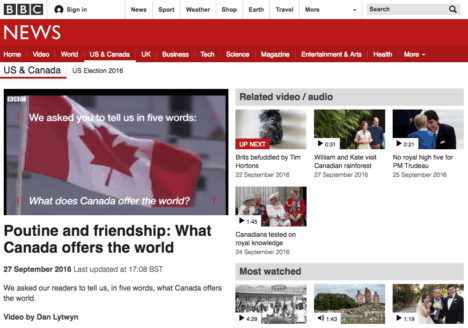 Some of BBC's new Canadian content on their news website. Screenshot by J-Source.