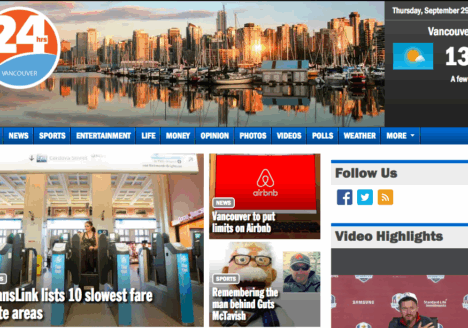24 Hours Vancouver's website. The office for the free five-day a week paper was closed effective Sept. 29. Screenshot by J-Source.