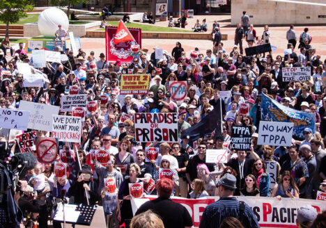 Rally against the Trans-Pacific Partnership Agreement (TPPA) in Wellington, New Zealand. Photo courtesy Neil Ballantyne/CC BY 2.0.