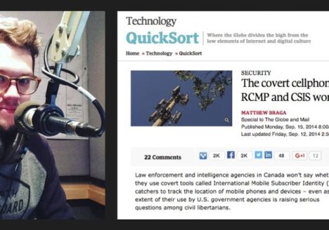 Matthew Braga is a freelance tech reporter and lecturer at Ryerson. He broke news about how Canadian police services use cellphone surveillance in investigations. Photo courtesy Matthew Braga/Screenshot by J-Source.