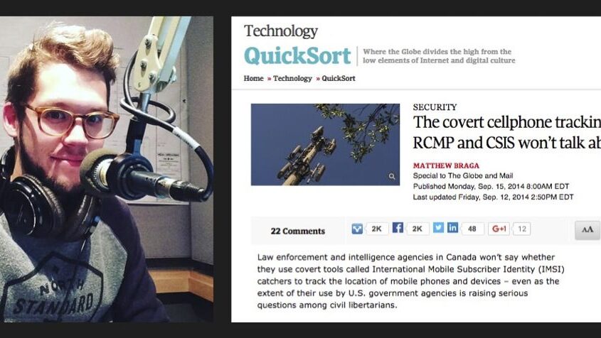 Matthew Braga is a freelance tech reporter and lecturer at Ryerson. He broke news about how Canadian police services use cellphone surveillance in investigations. Photo courtesy Matthew Braga/Screenshot by J-Source.