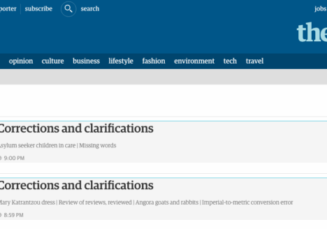 The Guardian’s Corrections and Clarifications section is an example of how a news organization can humanize the newsroom. Screenshot by J-Source.